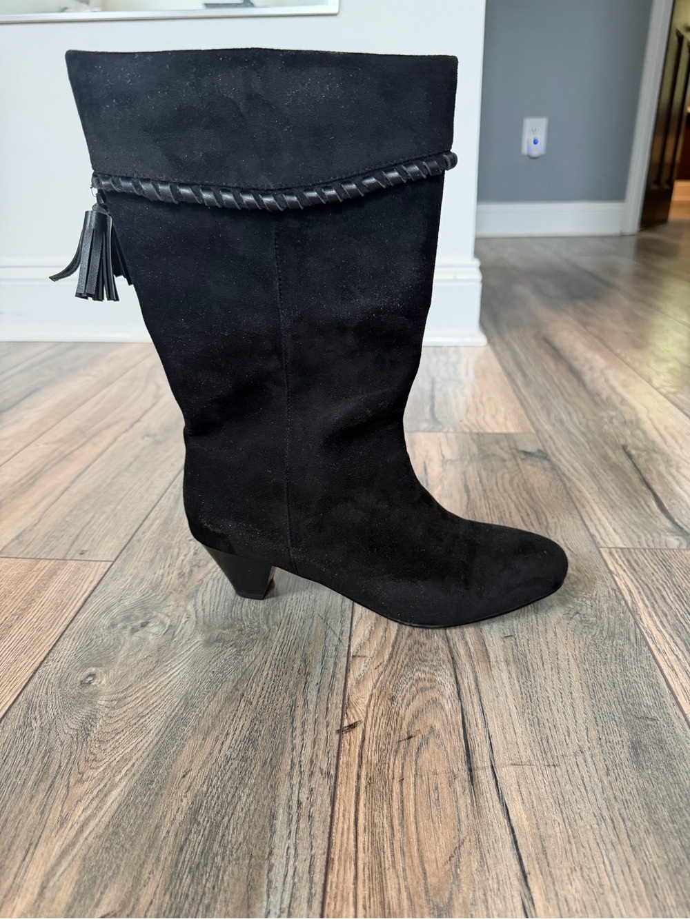 Black faux Suede Mid-Calf Boots with Tassel Accent
